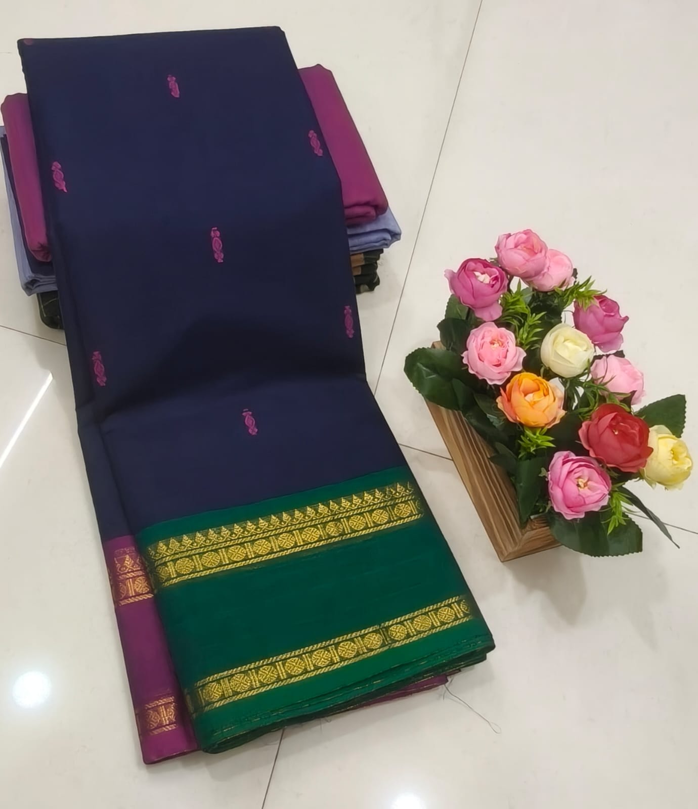 Navy Blue Handmade Butta Kanchi Cotton Saree with Green Zari Border